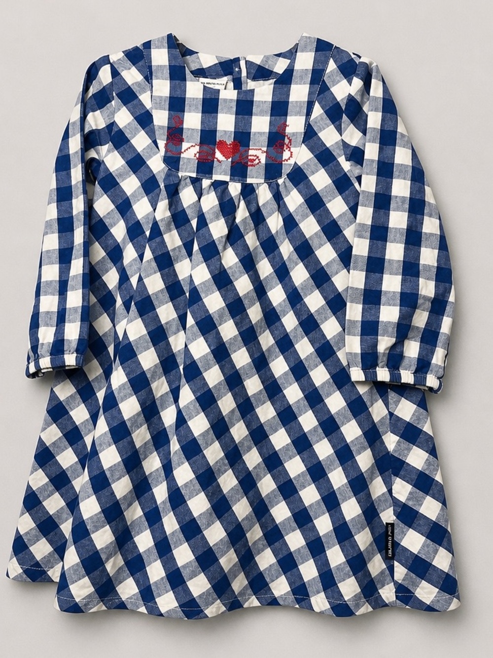 Polarn O. Pyret blue and white check long sleeve cotton dress cross stitching